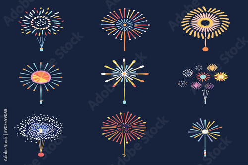  set of Fireworks in different style, type and colors. Each firework is individually grouped. Change color to the firework is easy, simply select the firework and change the gradient's color. 