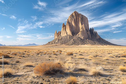 Dramatic Shiprock in southwestern desert. Warm hues and rugged terrain in New Mexico. photo