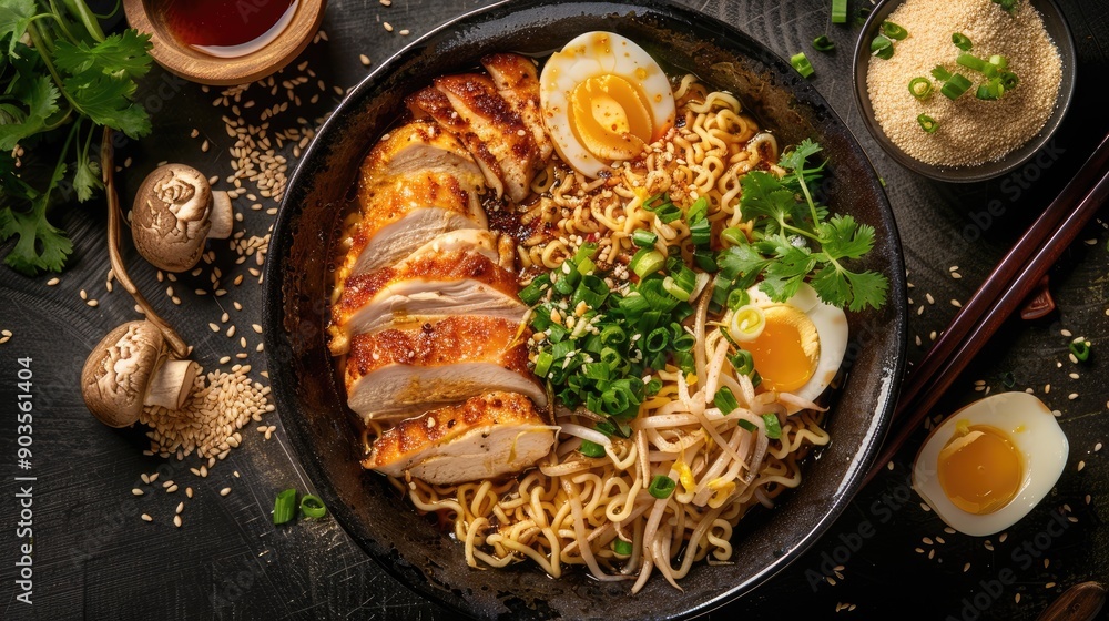 Chicken Ramen with Soft-Boiled Eggs, Bean Sprouts, and Green Onions Chicken Ramen with Soft-Boiled Eggs, Bean Sprouts, and Green Onions