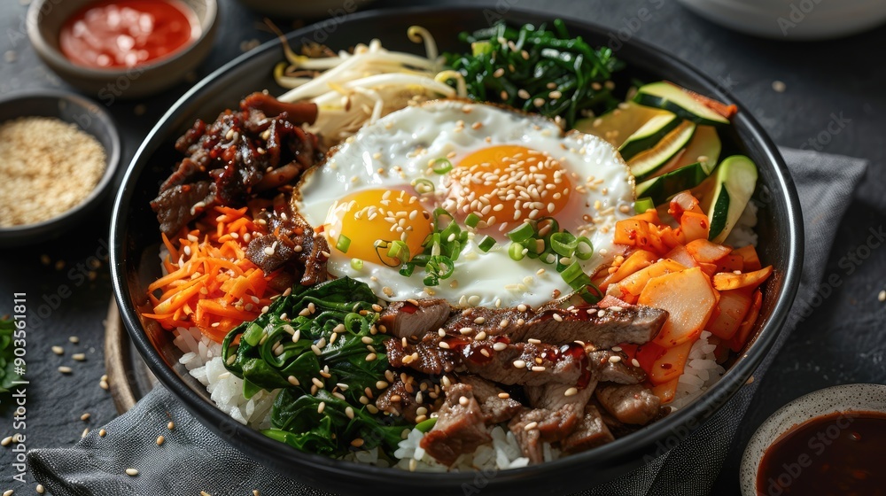 Korean Bibimbap Bowl with Fried Egg, Beef, and Vegetables Korean Bibimbap Bowl with Fried Egg, Beef, and Vegetables