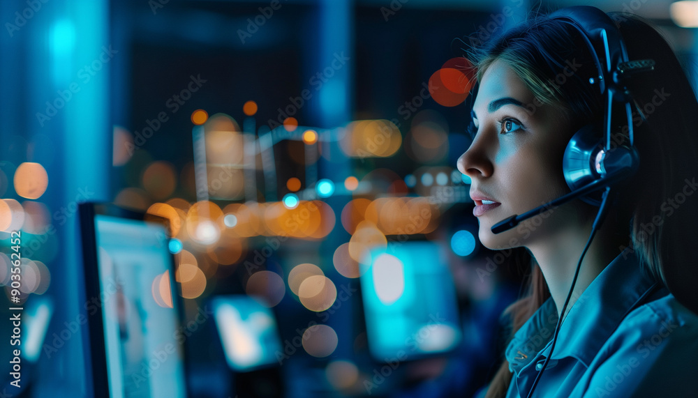 Young female professional working in a modern office, wearing a headset, focused on her computer screen with city lights in the background. Young female professional working in a modern office, wearing a headset, focused on her computer screen with city lights in the background.