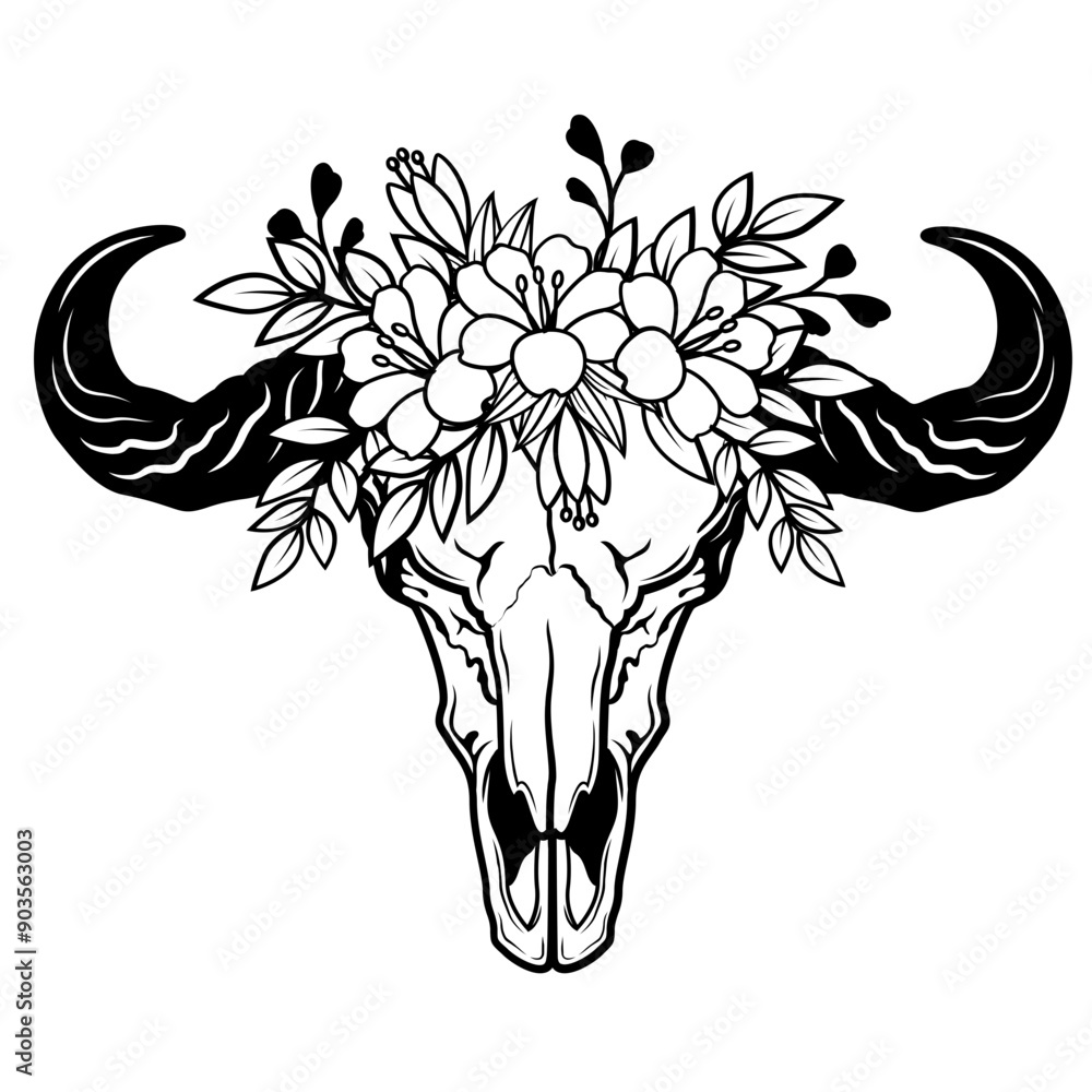 Fototapeta premium Buffalo | Buffalo Skull | Floral Buffalo | Wildlife | Buffalo Horn | Wild buffalo | Buffalo Head | Wild Animal | Original Illustration | Vector and Clipart | Cutfile and Stencil