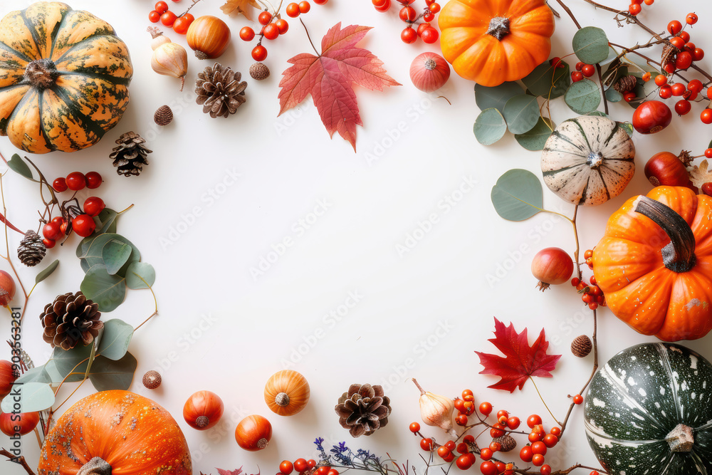 Obraz premium little autumn decoration border only reaching in a litte, with pumpkins and maple leaves only on the border of a big wide white background. AI generative.