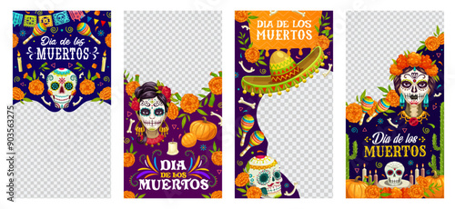 Social media post templates, Day of the Dead mexican holiday frames with marigold flowers and calavera sugar skulls. Mexico Halloween vector social media banners of cartoon skulls, sombrero, maracas
