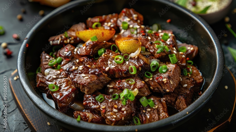 Close-up of a Bowl of Stir-fried Beef with Sesame Seeds and Green Onions Close-up of a Bowl of Stir-fried Beef with Sesame Seeds and Green Onions