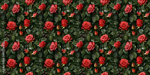 a background of dewy red roses green stems with leaves