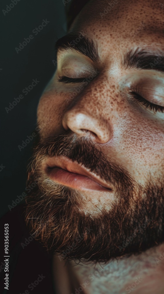 Obraz premium Serene Man in Meditation: Close-up Portrait of Peaceful Contemplation. Cultural and Spiritual Practices for Relaxation and Mindfulness. Ideal for Wellness Marketing, Meditation Apps, and High-Resoluti