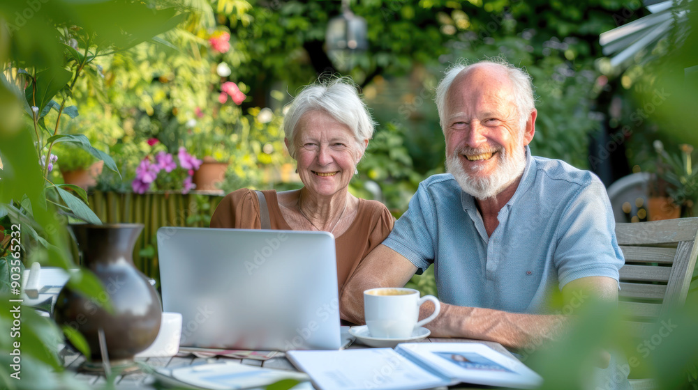A couple of 60-year-olds sitting in front of a laptop. AI generative. A couple of 60-year-olds sitting in front of a laptop. AI generative.