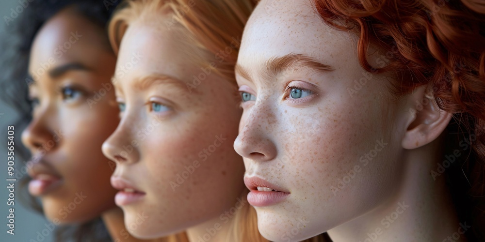 Obraz premium Side view portrait of three women with different skin tones and freckles