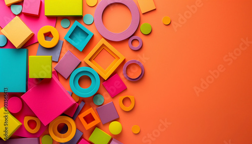 A vibrant assortment of colorful geometric shapes on a bright orange background, creating a playful and dynamic composition.