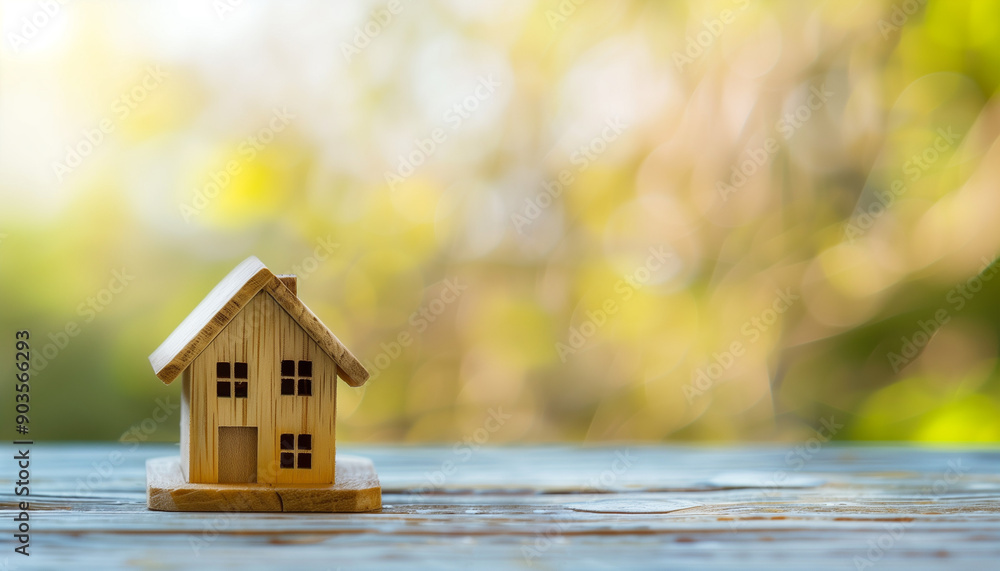 A small wooden house figurine sits on a wooden surface against a blurred, sunlit green background, symbolizing home and real estate concepts. A small wooden house figurine sits on a wooden surface against a blurred, sunlit green background, symbolizing home and real estate concepts.