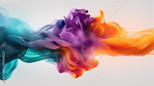 A mesmerizing blend of purple, teal, and orange ink swirls together, forming an intricate abstract design with bold contrasts and soft gradients, set against a clean white backdrop photo