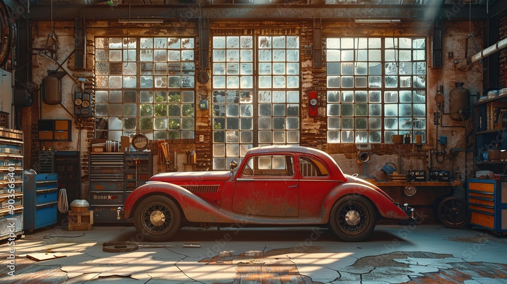 Obraz premium Vintage Car in a Dusty Garage