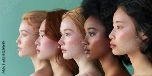 Side view of women with diverse backgrounds and skin tones on a green background.