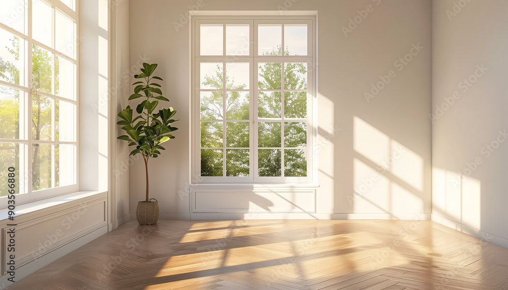 Bright and airy empty room with large windows and a potted plant, basking in natural sunlight. Bright and airy empty room with large windows and a potted plant, basking in natural sunlight.
