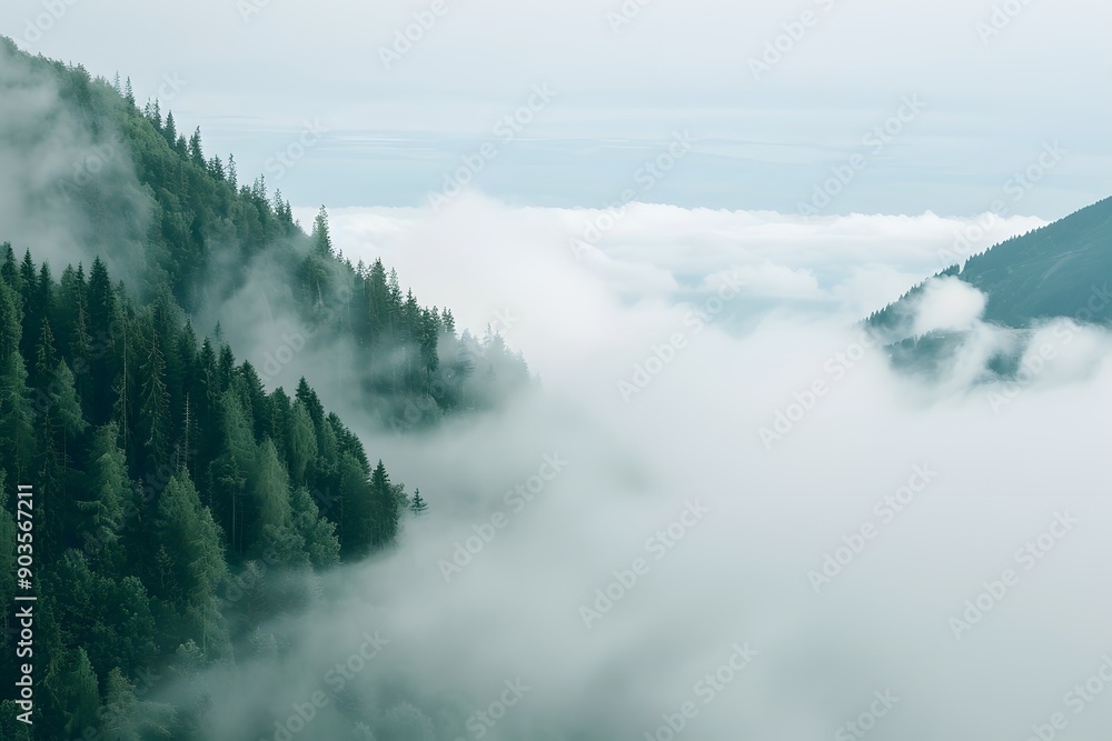 Obraz premium Serene mountain landscape enveloped in misty clouds.