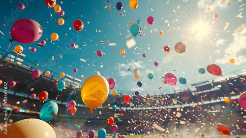 A miscellany of balloons and confetti flying in the air, against a stadium photo