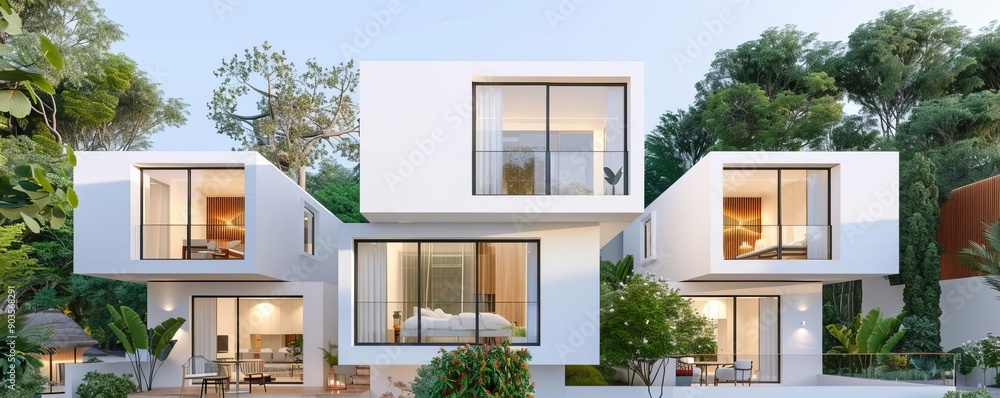 Fototapeta premium Modern 3D minimalist housing units with communal spaces, emphasizing community-focused development, demand