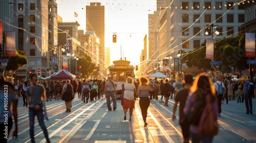 Bustling Union Square in San Francisco featuring high-end retail shops and historic buildings, with a mix of locals and tourists interacting on the streets. Street performers entertain the crowd, photo