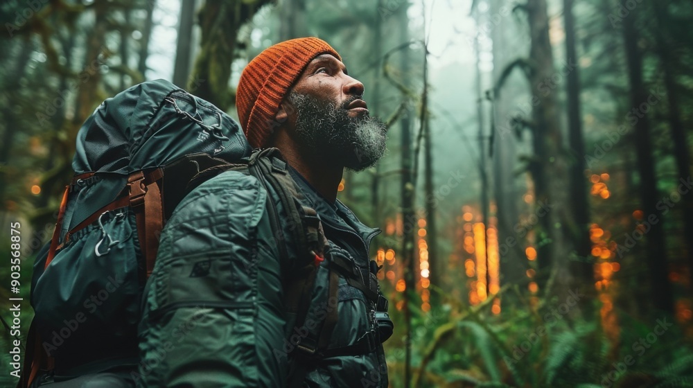 In a secluded forest setting, a mixed-race man with a beard, wearing a red ribbed beanie and an old, oversized dark green jersey, gazes intently at the dense greenery. In a secluded forest setting, a mixed-race man with a beard, wearing a red ribbed beanie and an old, oversized dark green jersey, gazes intently at the dense greenery.