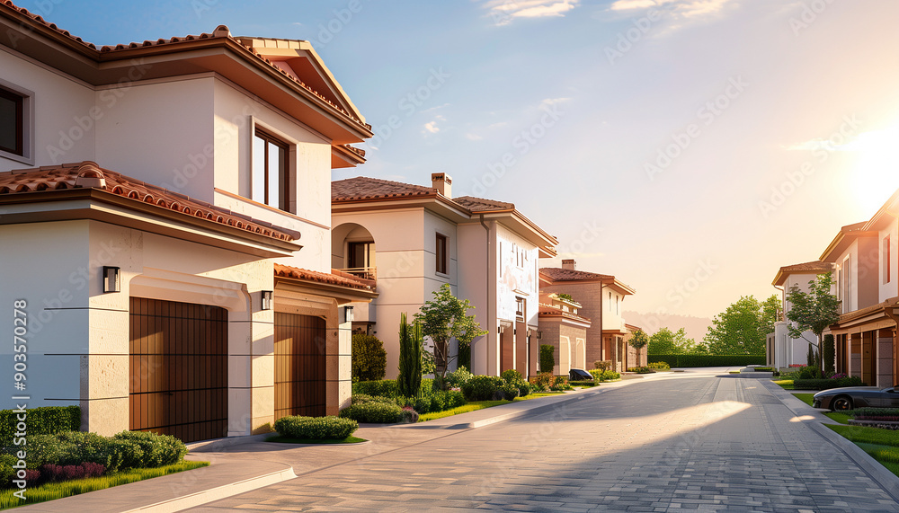 A tranquil suburban street lined with modern, two-story houses illuminated by the golden light of sunset. A tranquil suburban street lined with modern, two-story houses illuminated by the golden light of sunset.