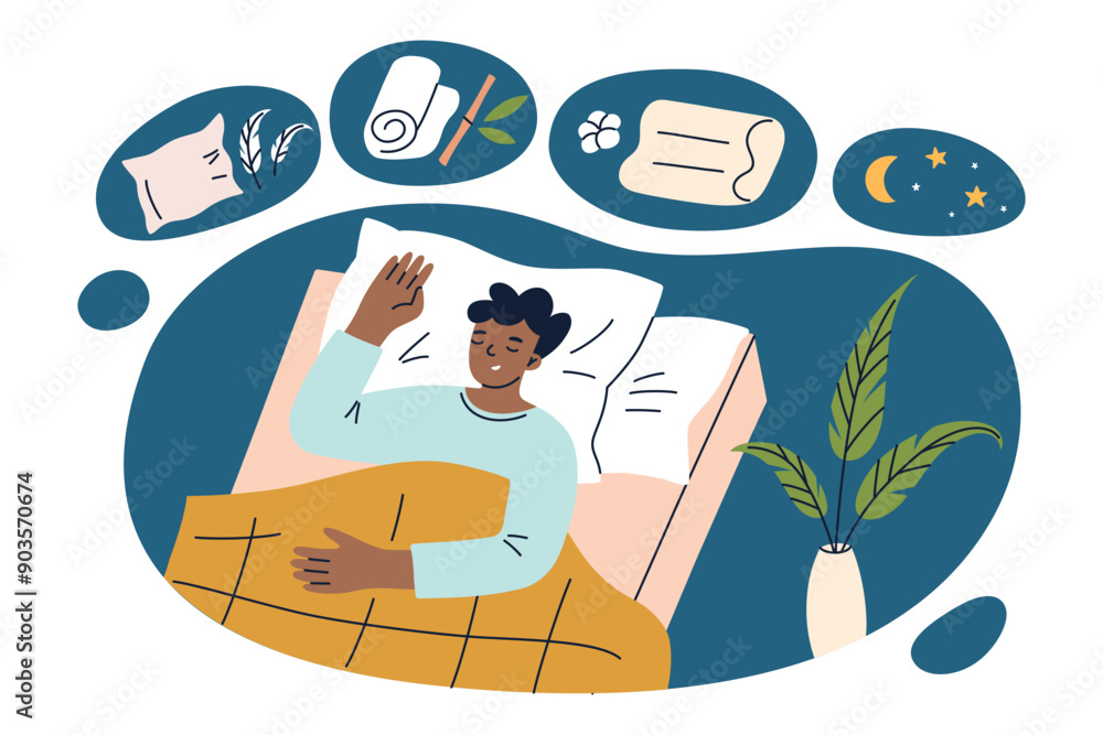 Fototapeta premium Man sleeping on bed with natural materials, cotton pillowcases, bamboo blankets, orthopedic and feather pillows. Organic bedding vector illustration, flat cartoon style. Healthy sleep hygiene
