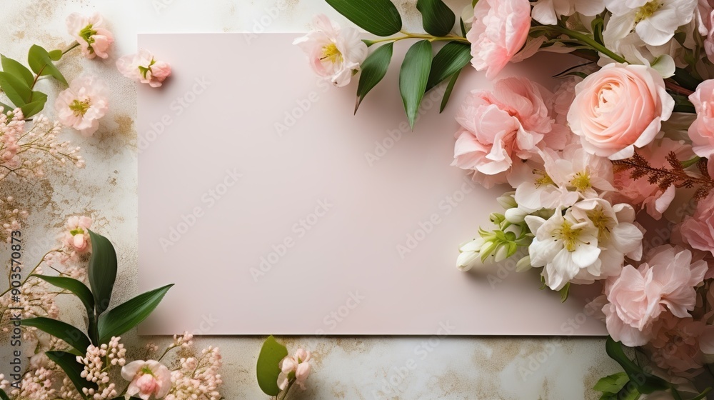 Pink Flowers and White Card on Marble Background Pink Flowers and White Card on Marble Background