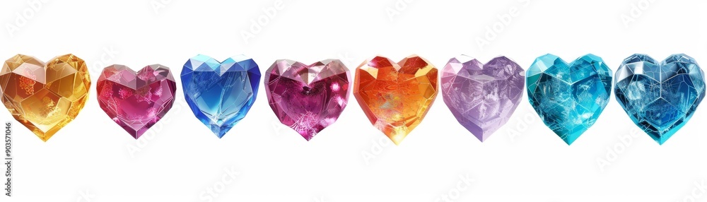 Fototapeta premium Dazzling Crystal Hearts Collection: Vibrant Multicolored Gem-like Hearts Isolated on White Background. Perfect for Romantic Marketing, Jewelry Advertising, Valentine's Day Campaigns, and Elegant 4K Wa