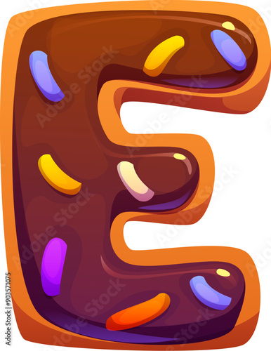 Letter E cartoon candy and confectionery alphabet font, sweets typeface, chocolate cookie type. Vector typography symbol character with sprinkles on brown glaze with smooth, glossy texture