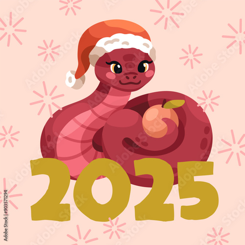 2025 New Year, greeting card design. Chinese holiday postcard, cute funny hap...