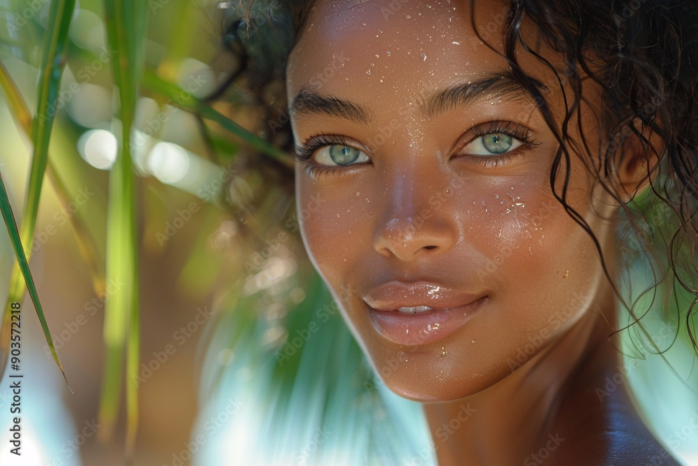 Close-up portrait of a woman with freckles and curly hair smiling against a tropical background Close-up portrait of a woman with freckles and curly hair smiling against a tropical background