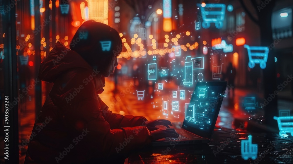Person using a laptop in a dimly lit urban setting. Neon holographic icons of shopping carts and digital interfaces surround the scene, creating a futuristic ambiance. Person using a laptop in a dimly lit urban setting. Neon holographic icons of shopping carts and digital interfaces surround the scene, creating a futuristic ambiance.