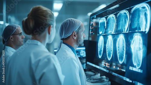 Doctors looking x-ray of brain on a monitor screen