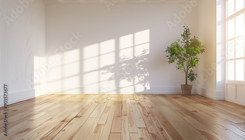 Minimalist room with wooden floor, sunlit white walls, and a potted plant in the corner, creating a bright and serene atmosphere.