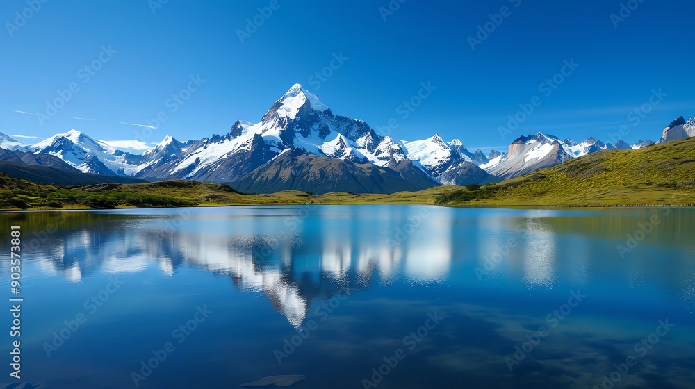 Snow-capped mountains and clear blue lakes in a pristine natural setting Snow-capped mountains and clear blue lakes in a pristine natural setting