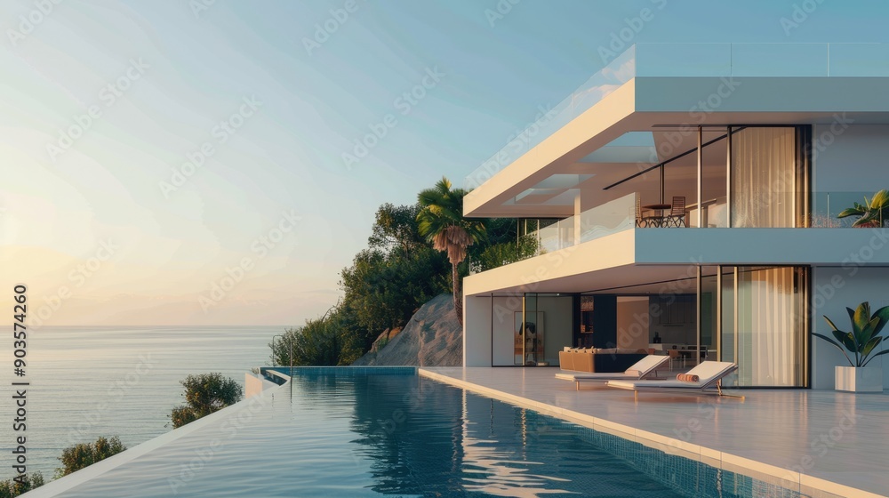 Modern luxury oceanfront villa and swimming pool, private housing, expensive real estate, Ai generated for ads Modern luxury oceanfront villa and swimming pool, private housing, expensive real estate, Ai generated for ads