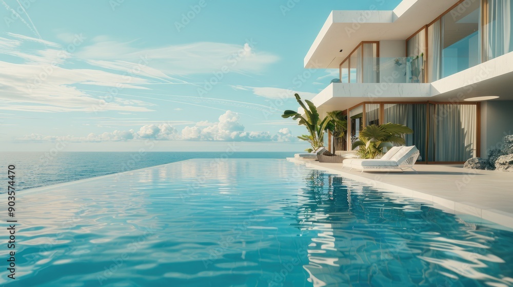 Fototapeta premium Modern luxury oceanfront villa and swimming pool, private housing, expensive real estate, Ai generated for ads