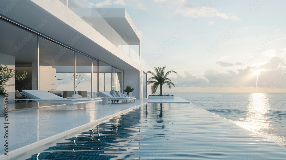 Modern luxury oceanfront villa and swimming pool, private housing, expensive real estate, Ai generated for ads Modern luxury oceanfront villa and swimming pool, private housing, expensive real estate, Ai generated for ads