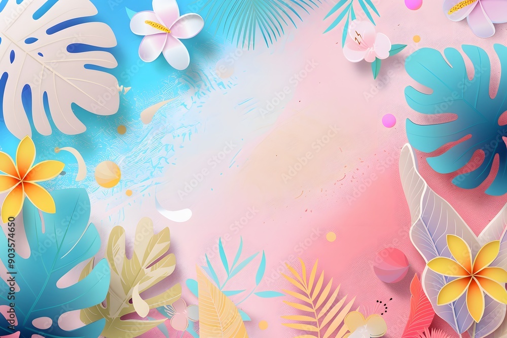 Colorful tropical foliage and flowers on a pink and blue gradient background. Colorful tropical foliage and flowers on a pink and blue gradient background.