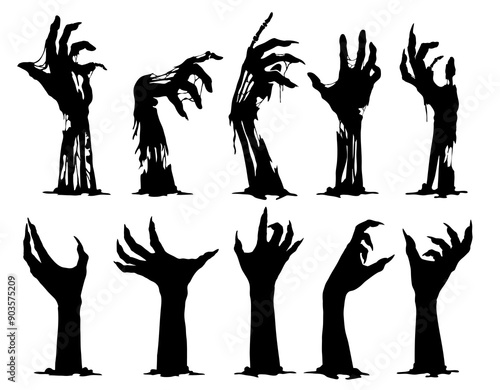 Halloween zombie hands silhouettes, vector horror holiday. Scary monsters arms reaching out from cemetery grave ground. Evil dead man, spooky graveyard ghost or demon black hands with creepy fingers