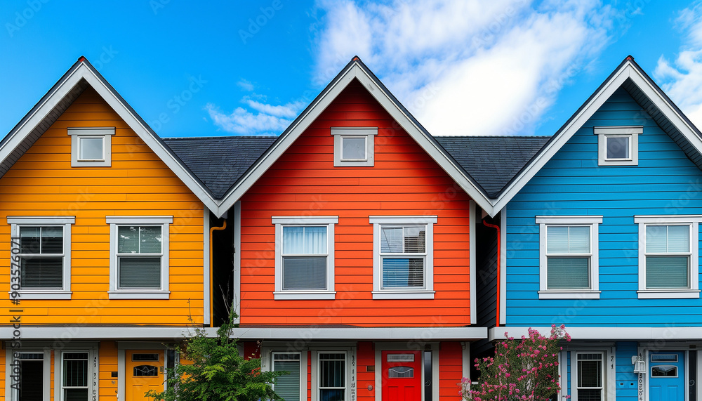 Brightly colored houses in yellow, red, and blue with black roofs under a clear blue sky. Brightly colored houses in yellow, red, and blue with black roofs under a clear blue sky.