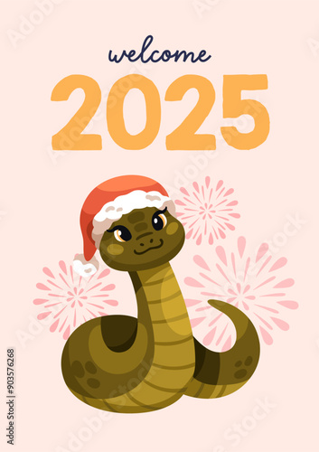 Cute cartoon snake character on Chinese New Year postcard. Happy CNY, greeting card, festive oriental poster design. Funny kawaii Asian mascot, symbol on holiday background. Flat vector illustration
