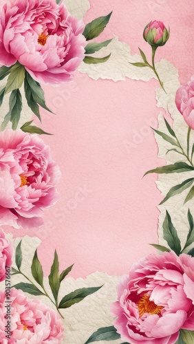 Wedding invitation, holiday, greeting card with wedding, celebration, pink peonies, textured, watercolor style.Paper wedding. template.