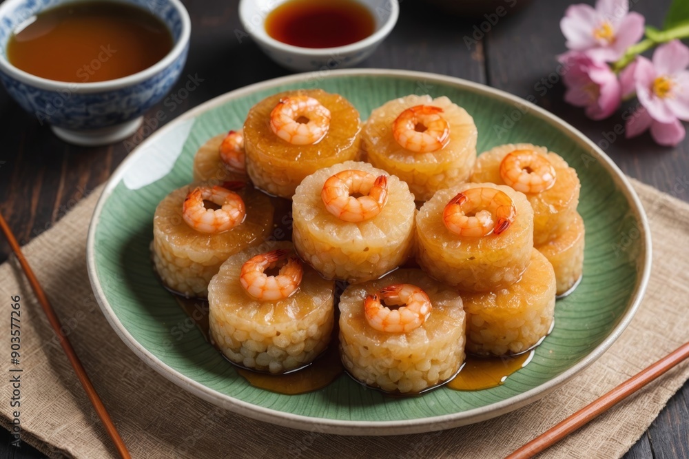 Close up of delicious Chinese glutinous sticky oil rice cake named migao for lunar new year's dishes with sakura shrimp. Close up of delicious Chinese glutinous sticky oil rice cake named migao for lunar new year's dishes with sakura shrimp.