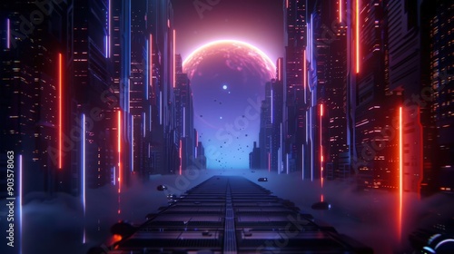 A futuristic city with glowing neon lights and a large red moon in the sky.  The city is illuminated by the moon's light, creating a surreal and otherworldly atmosphere.
