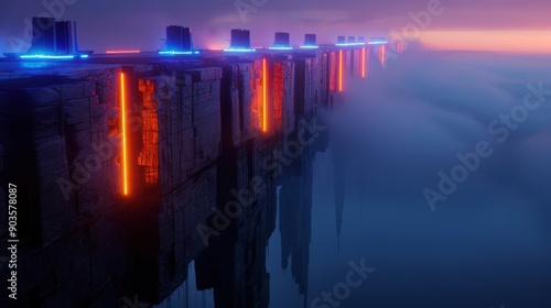 A futuristic cityscape with glowing lights above the clouds at sunrise. photo