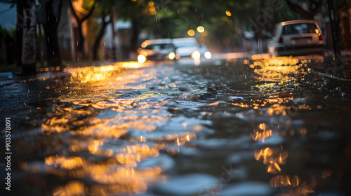 Flooded city street at dusk, still reflections, solitary car.