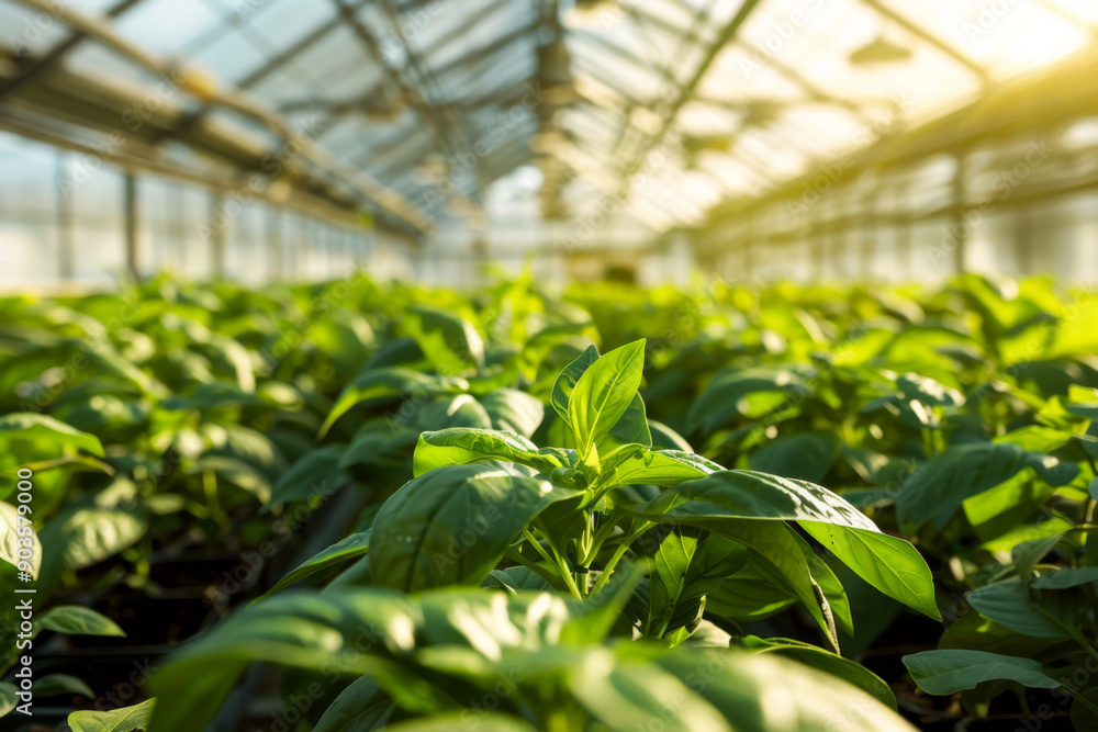 Lush Green Foliage in a Sunlit Greenhouse Lush Green Foliage in a Sunlit Greenhouse