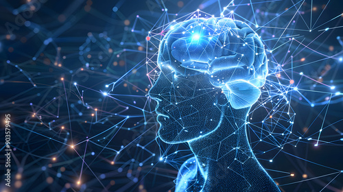 This image depicts a blue-orange themed digital brain network, with glowing yellow dots on a dark blue backdrop, evoking AI concepts.