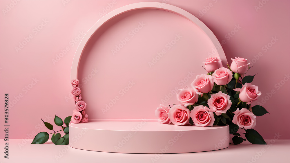 Premium podium with pink roses on pink background Premium podium with pink roses on pink background